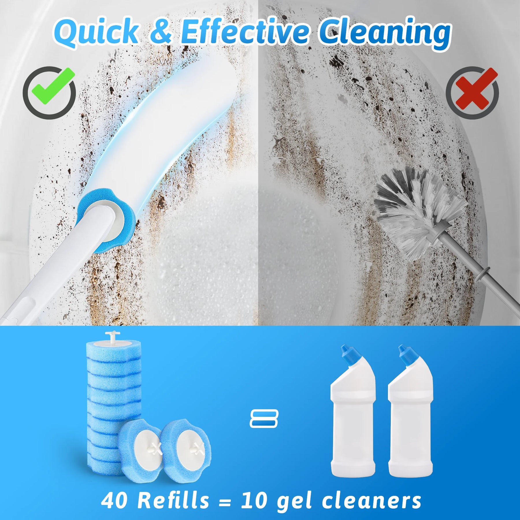 Disposable Toilet Bowl Brush Cleaner 2 Pack with 40 Toilet Refills
